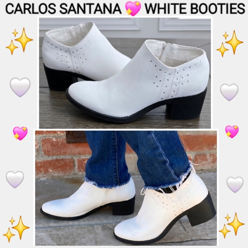 Carlos Santana White Leather Ankle Booties with Rhinestones, Size 10